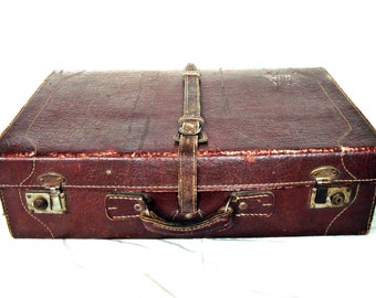 Vintage Antique Leather Suitcase Travel Luggage Brown Leather Hard Sides 20-30s