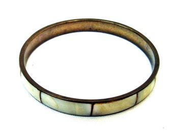 Vintage brass cuff bracelet Pearl shell inlay