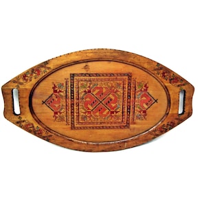 Antique wooden tray with glass Pyrography, hand painted
