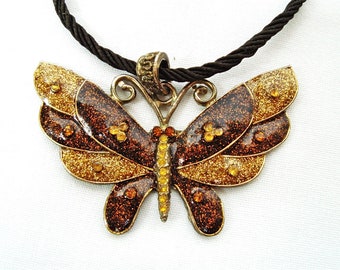 Vintage enamel brass pendant Butterfly gold and brown