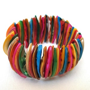 Può includere: Un braccialetto elastico colorato composto da numerosi pezzi curvi e iridescenti. Il braccialetto presenta una vivace gamma di colori, tra cui arancione, rosa, verde, blu e giallo. I pezzi sono disposti in un motivo circolare.