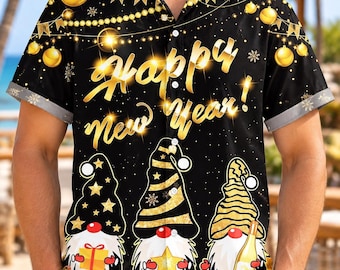 Feliz Año Nuevo Camisa Hawaiana de Gnomo para Hombre, Camisa Navideña Negra y Dorada con Botones, Atuendo Divertido para Fiesta de Nochevieja, Regalo de Celebración