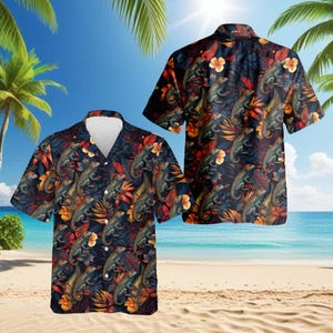 May include: A short-sleeved button-down shirt featuring a dark navy blue background with a repeating pattern of green iguanas, orange hibiscus flowers, and tropical leaves. The shirt has a classic collar and a front button placket with white buttons.
