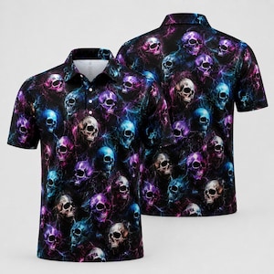 Blitz-Totenkopf-Poloshirt für Herren, Neon-Totenkopf-Golfshirt, Lila-Blaues Skelett-Poloshirt, Gothic-Halloween-Shirt, Geschenk für Totenkopf-Fans