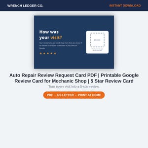May include: A digital review request card template for auto repair shops. The dark blue card features the text How was your visit?, five orange stars, and a white square placeholder for a QR code with the text Place your Google review QR here.