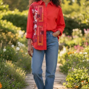 Puede incluir: Una camisa de manga larga de color rojo brillante con botones y un panel de patchwork vertical en el lado derecho con patrones geométricos en tonos naranja, rojo y blanco, combinada con pantalones vaqueros azules y zapatillas blancas.