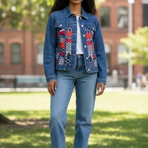 Gerecyclede denimjas | Japanse stoffen patchwork, sashiko-stiksels, libellenprint, boho-stijl