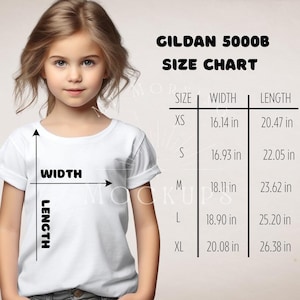 Puede incluir: Una tabla de tallas para camiseta Gildan 5000B que muestra las medidas de XS a XL en pulgadas. La tabla detalla el ancho y el largo para cada talla, desde 16.14 hasta 20.08 pulgadas de ancho y de 20.47 hasta 26.38 pulgadas de largo.