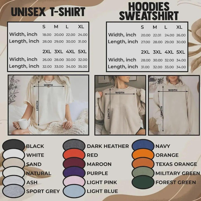 Puede incluir: Una tabla de tallas para camisetas y sudaderas unisex con medidas de ancho y largo en pulgadas de S a 5XL. La imagen muestra una camiseta y una sudadera con l&iacute;neas de medici&oacute;n, junto a una paleta de colores que incluye negro, blanco, arena, natural, ceniza, gris deportivo, jaspeado oscuro, rojo, granate, morado, rosa claro, azul claro, marino, naranja, naranja texas, verde militar y verde bosque.