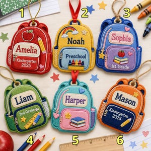 Personalized Backpack Ornament, Custom Name School Embroidered Ornament, Kids Backpack Patch Ornament Gift