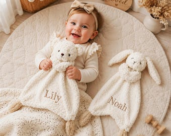 Personalized Baby Lovey Bunny, Custom Name Security Blanket, Soft Plush Animal Comforter, Baby Shower Keepsake Gift