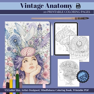 May include: A collection of 20 printable coloring pages titled Vintage Anatomy, featuring a notebook with a purple-haired figure, a brain, a dove, and a lighthouse. Includes a digital tablet displaying a brain illustration, a stylus, and a paintbrush.