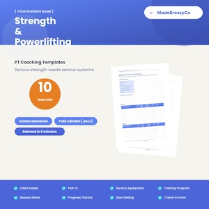 Può includere: Un set di documenti digitali intitolato Strength & Powerlifting PT Coaching Templates di MadeBreezyCo. La grafica mostra 10 modelli, tra cui l'accettazione del cliente, PAR-Q, accordo di servizio, programma di allenamento e note.