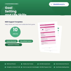 May include: A digital document set titled Goal Setting and Life Skills featuring 10 NDIS support templates. The layout includes a white About Me card with pink headers, text fields, and a green circle graphic labeled 10 Templates on a green background.