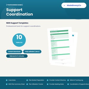 Könnte beinhalten: Ein digitales Dokumentenset mit dem Titel Support Coordination, das 10 NDIS-Vorlagen enthält. Das Layout umfasst Text, einen blaugrünen Kreis mit der Zahl 10 und eine Vorschau eines NDIS Goal Planner-Dokuments. Die Farben sind Blaugrün und Weiß.