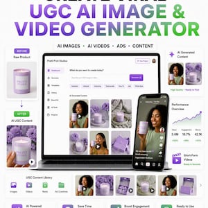 Könnte beinhalten: Eine digitale Benutzeroberfläche für Pretti Print Studios, einen KI-Bild- und Videogenerator. Das Display zeigt ein Dashboard zur Erstellung von UGC-Inhalten mit Laptop und Smartphone, die lila Kerzenbilder und Analysen darstellen.
