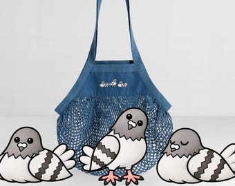 Pigeon Mesh Bag – Organic Cotton Shopping Bag – Cute Kawaii Bird Print – Cotton Carry Bag – Gift for Pigeon Lovers