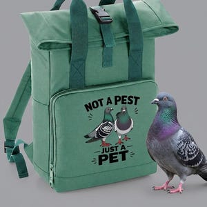 Könnte beinhalten: Ein waldgrüner Rolltop-Rucksack mit zwei Tragegriffen, verstellbaren Schultergurten und einem schwarzen Schnallenverschluss. Die Vordertasche zeigt eine Grafik von zwei Tauben mit dem in Schwarz gedruckten Text "NOT A PEST JUST A PET".