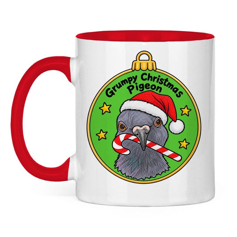 Christmas Mug - Grumpy Christmas Pigeon - Red and White Christmas Gift image 2