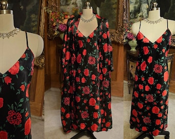 Vintage Chandio Extra Extra Large 4X Black Satin with Red Roses Peignoir and Nightgown Set Vintage Nightgown Set Gifts for Her