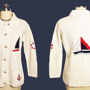 Vintage Leroy Knitwear Nautical Sweater with Yarn Sailboat Anchor Stars vintage white sweater cruise sweater Gifts for Her