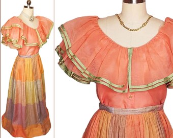 Vintage William Pearson Peach Organza Blouse and Plaid Skirt Ensemble - Perfect for Spring and Summer Events