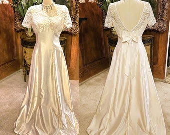 Vintage New Alfred Angelo White Wedding Gown with Lace Bodice and Large Bow New With Tags Old Stock