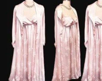 Vintage New 80s Italy Satin Peignoir Nightgown Set Baby Pink Tag New Old Stock 80s designer peignoir set vintage robe 80s robe Gifts for Her