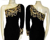 Vintage One Shoulder Goddess Velvet Evening Gown Black Tie Designer dress vintage dress Christmas New Years Eve Evening gown