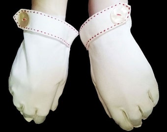 Vintage 50s 60s White Cotton Gloves w Red Top Stitching Button Accent designer gloves white gloves 50s gloves cocktail gloves