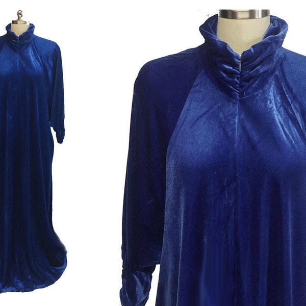 Vintage Keyloun Luxurious Panne Velvety Ruched Dressing Gown Midnight Sapphire keyloun robe blue robe zip up robe vintage robe Gift for Her