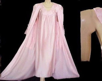 Vintage Valentino Pink Satin Basket Weave Designer Peignoir Nightgown Set Dressing Gown Pink peignoir Pink nightgown Peignoir Gift for Her