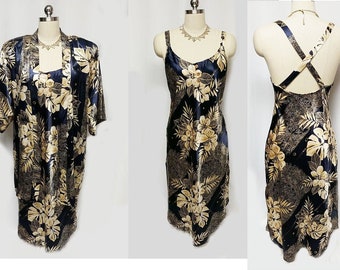 Vintage California Dynasty Navy & Gold Satin Peignoir Bed Jacket and Nightgown Set vintage satin peignoir set Hawaiian print gown