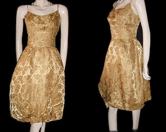 Vintage 50s Gold Brocade Party Dress w Roses & Bow Attached Crinoline Metal Zipper Gifts for Her