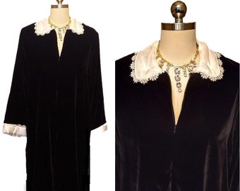 Vintage Eve Stillman Black Velour Robe with White Puffy Satiny and Lace Collar and Cuffs Gift for Her