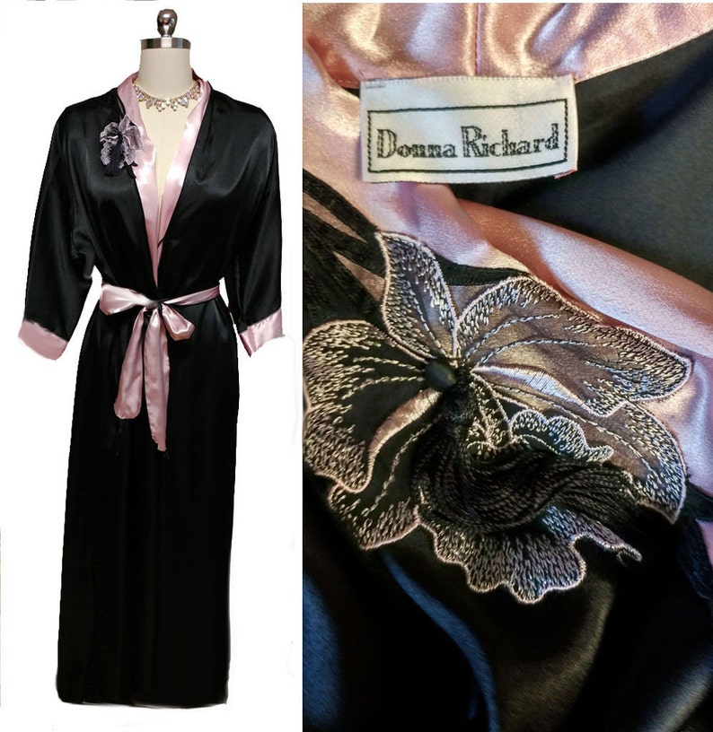 Vintage Donna Richard Satin Peignoir Pink Black Orchid Applique dressing gown baby pink satin robe black robe black satin robe