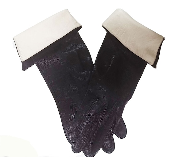 SALE Vintage 60s Unique Black Leather Gloves w Whi