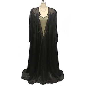Vintage Intime of California Heavy Black Satin Lace Peignoir & Nightgown Set