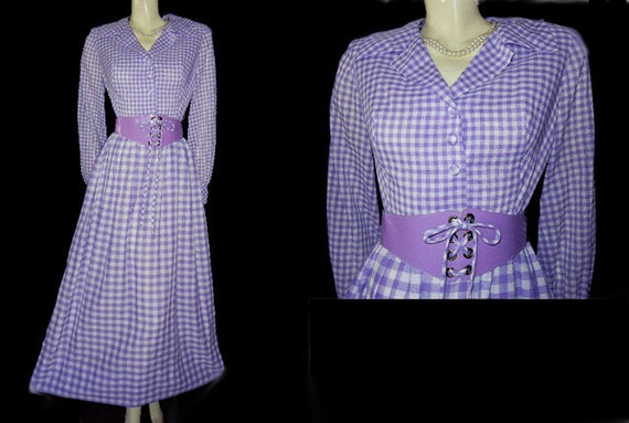 Vintage Purple & White Checked Lace Up Corset Cum… - image 1