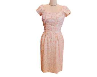 Vintage Emma Domb Pink and Ivory Embroidered Wiggle Dress Faux Pearls Rhinestones Metal Zipper