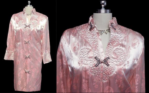 Vintage Oriental Asian Pink Satin Quilted Robe vi… - image 1