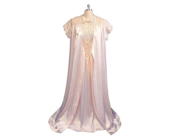 Vintage Donna Richard Satin Lace Peignoir Nightgown Set • Shimmering Pink Pearl Bridal Luxury