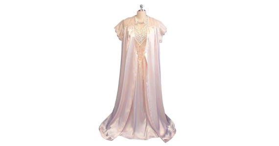 Vintage Donna Richard Satin Lace Peignoir Nightgown Set • Shimmering Pink Pearl Bridal Luxury
