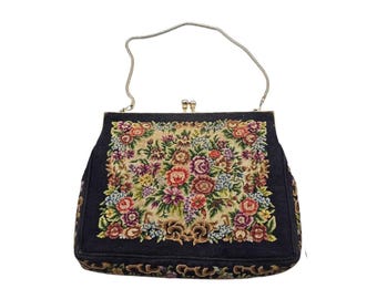 Vintage Floral Petit Point Tapestry Purse with Gold Frame