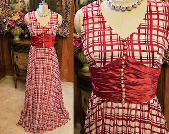 Vintage Late 1960s Early 1970s Red and White Plaid Pleated Evening Gown with Ruched Cummerbund w Pearl Buttons Gifts for Her vintage dress