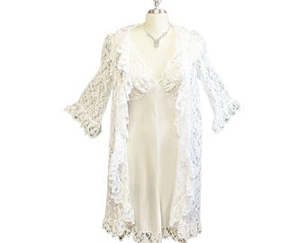 Vintage Lucie Ann Eyelash Lace Peignoir Nightgown Set - Bridal White