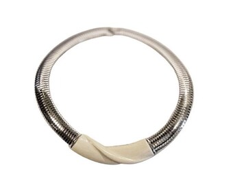 Vintage 80s Monet Cream and Silver Tone Metal Omega Chain Choker Collar Signed Necklace