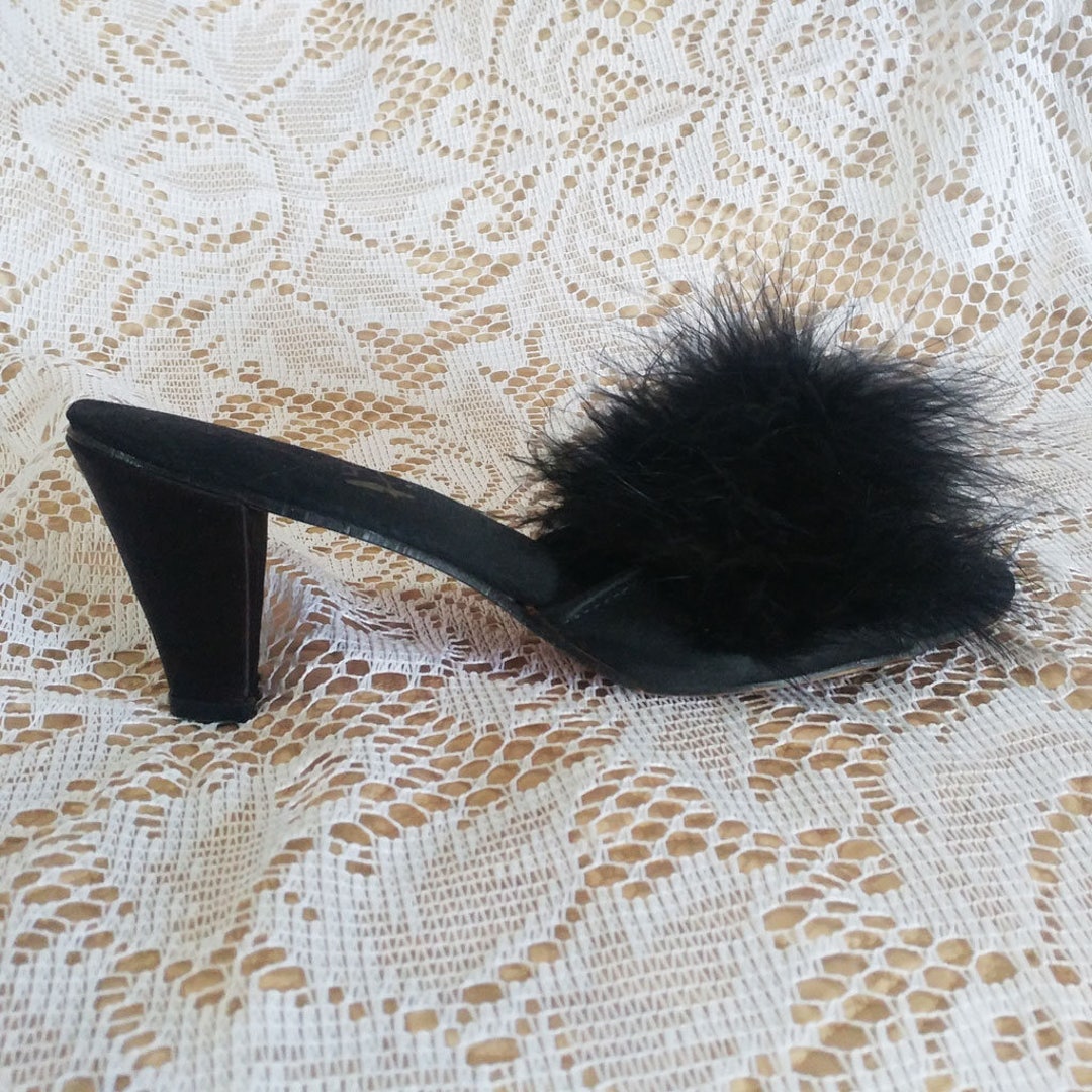 Vintage Flirto Black Marabou High Heel Bedroom Slippers - Etsy Singapore