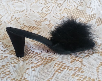 Vintage Flirto Black Marabou High Heel Bedroom Slippers Vintage Mules Marabou Mules Marabou bedroom slippers black satin Gift for Her