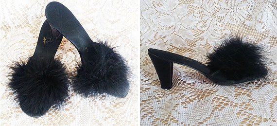 Vintage Flirto Black Marabou High Heel Bedroom Sl… - image 2